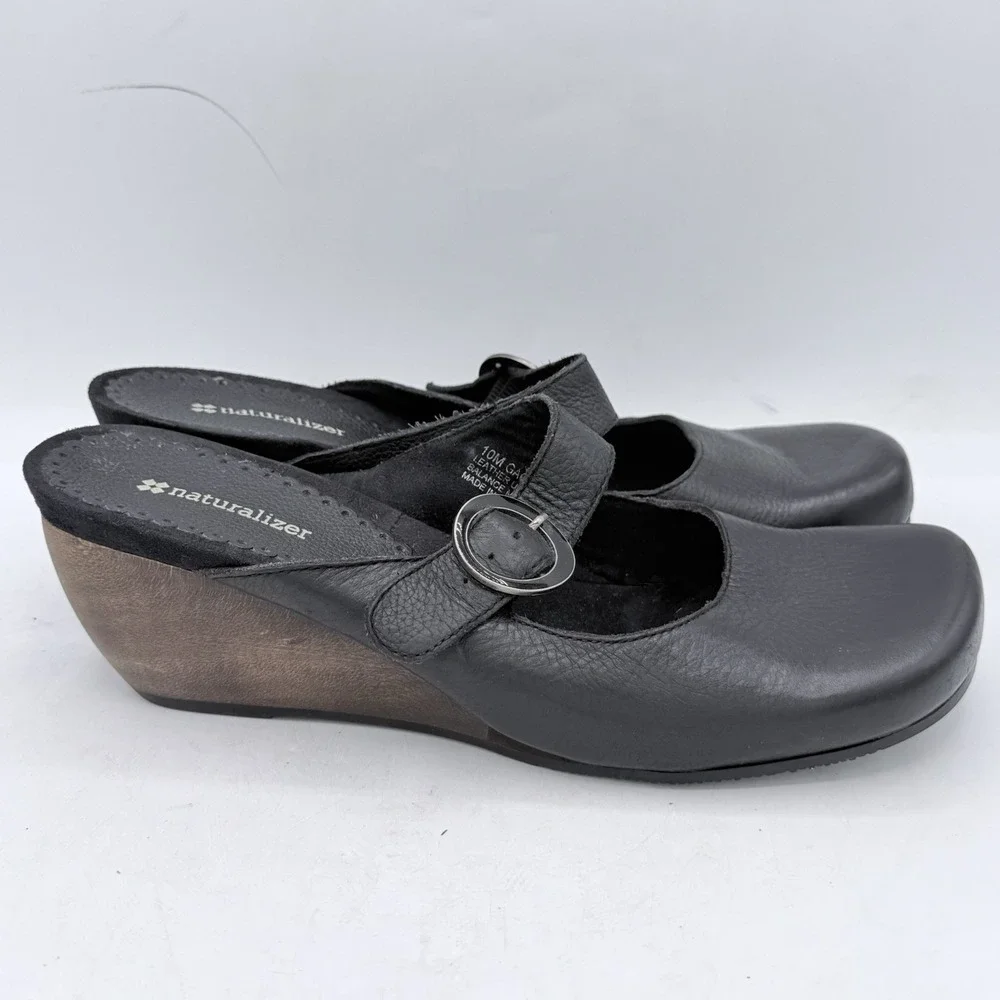 Naturalizer Gagan Black Leather Mary Jane Mules Wedge Shoes Buckle Women's Sz 10